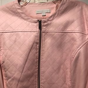 Pink leather jacket.